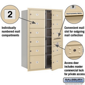 Salsbury Industries 3713D-11SFP Recessed Mounted 4C Horizontal Mailbox - 13 Door High Unit (48 Inches) - Double Column - 9 MB2 Doors / 2 MB3 Doors - Sandstone - Front Loading - Private Access