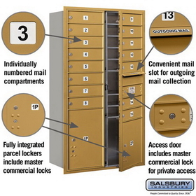 Salsbury Industries 3713D-15GFP Recessed Mounted 4C Horizontal Mailbox - 13 Door High Unit (48 Inches) - Double Column - 15 MB1 Doors / 1 PL4 and 1 PL5 - Gold - Front Loading - Private Access