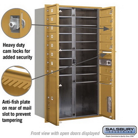 Salsbury Industries 3713D-15GFP Recessed Mounted 4C Horizontal Mailbox - 13 Door High Unit (48 Inches) - Double Column - 15 MB1 Doors / 1 PL4 and 1 PL5 - Gold - Front Loading - Private Access