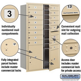 Salsbury Industries 3713D-15SFP Recessed Mounted 4C Horizontal Mailbox - 13 Door High Unit (48 Inches) - Double Column - 15 MB1 Doors / 1 PL4 and 1 PL5 - Sandstone - Front Loading - Private Access