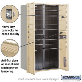 Salsbury Industries 3713D-15SFP Recessed Mounted 4C Horizontal Mailbox - 13 Door High Unit (48 Inches) - Double Column - 15 MB1 Doors / 1 PL4 and 1 PL5 - Sandstone - Front Loading - Private Access