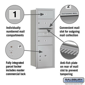 Salsbury Industries 3713S-03ARP Recessed Mounted 4C Horizontal Mailbox - 13 Door High Unit (48 Inches) - Single Column - 3 MB2 Doors / 1 PL5 - Aluminum - Rear Loading - Private Access