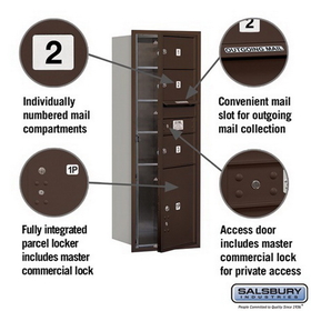 Salsbury Industries 3713S-03ZFP Recessed Mounted 4C Horizontal Mailbox - 13 Door High Unit (48 Inches) - Single Column - 3 MB2 Doors / 1 PL5 - Bronze - Front Loading - Private Access