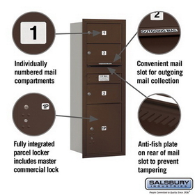 Salsbury Industries 3713S-03ZRP Recessed Mounted 4C Horizontal Mailbox - 13 Door High Unit (48 Inches) - Single Column - 3 MB2 Doors / 1 PL5 - Bronze - Rear Loading - Private Access