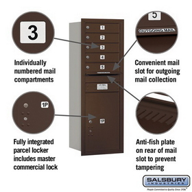 Salsbury Industries 3713S-05ZRP Recessed Mounted 4C Horizontal Mailbox - 13 Door High Unit (48 Inches) - Single Column - 5 MB1 Doors / 1 PL6 - Bronze - Rear Loading - Private Access