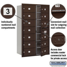 Salsbury Industries 3714D-13ZFP Recessed Mounted 4C Horizontal Mailbox - 14 Door High Unit (51 1/2 Inches) - Double Column - 13 MB2 Doors - Bronze - Front Loading - Private Access