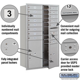 Salsbury Industries 3714D-15AFU Recessed Mounted 4C Horizontal Mailbox - 14 Door High Unit (51 1/2 Inches) - Double Column - 15 MB1 Doors / 1 PL5 and 1 PL6 - Aluminum - Front Loading - USPS Access