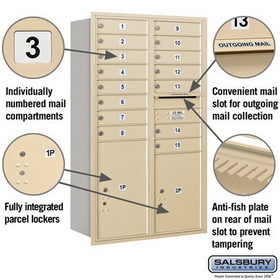 Salsbury Industries 3714D-15SRU Recessed Mounted 4C Horizontal Mailbox - 14 Door High Unit (51 1/2 Inches) - Double Column - 15 MB1 Doors / 1 PL5 and 1 PL6 - Sandstone - Rear Loading - USPS Access