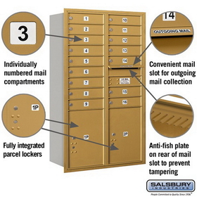 Salsbury Industries 3714D-16GRU Recessed Mounted 4C Horizontal Mailbox - 14 Door High Unit (51 1/2 Inches) - Double Column - 16 MB1 Doors / 2 PL5s - Gold - Rear Loading - USPS Access