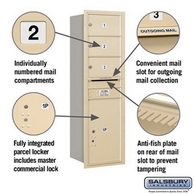 Salsbury Industries 3714S-03SRP Recessed Mounted 4C Horizontal Mailbox - 14 Door High Unit (51 1/2 Inches) - Single Column - 3 MB2 Doors / 1 PL6 - Sandstone - Rear Loading - Private Access