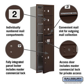 Salsbury Industries 3714S-03ZFP Recessed Mounted 4C Horizontal Mailbox - 14 Door High Unit (51 1/2 Inches) - Single Column - 3 MB2 Doors / 1 PL6 - Bronze - Front Loading - Private Access