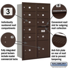 Salsbury Industries 3715D-09ZRP Recessed Mounted 4C Horizontal Mailbox - 15 Door High Unit (55 Inches) - Double Column - 9 MB2 Doors and 2 PL5