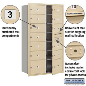 Salsbury Industries 3715D-13SFP Recessed Mounted 4C Horizontal Mailbox - 15 Door High Unit (55 Inches) - Double Column - 11 MB2 Doors / 2 MB3 Doors - Sandstone - Front Loading - Private Access
