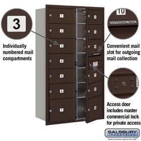 Salsbury Industries 3715D-13ZFP Recessed Mounted 4C Horizontal Mailbox - 15 Door High Unit (55 Inches) - Double Column - 11 MB2 Doors / 2 MB3 Doors - Bronze - Front Loading - Private Access