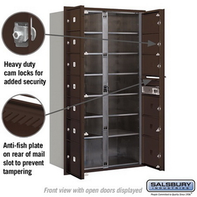 Salsbury Industries 3715D-13ZFP Recessed Mounted 4C Horizontal Mailbox - 15 Door High Unit (55 Inches) - Double Column - 11 MB2 Doors / 2 MB3 Doors - Bronze - Front Loading - Private Access
