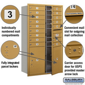 Salsbury Industries 3715D-16GFU Recessed Mounted 4C Horizontal Mailbox - 15 Door High Unit (55 Inches) - Double Column - 16 MB1 Doors / 2 PL6