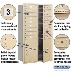 Salsbury Industries 3715D-16SFP Recessed Mounted 4C Horizontal Mailbox - 15 Door High Unit (55 Inches) - Double Column - 16 MB1 Doors / 2 PL6