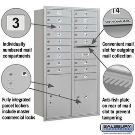Salsbury Industries 3715D-17ARP Recessed Mounted 4C Horizontal Mailbox - 15 Door High Unit (55 Inches) - Double Column - 17 MB1 Doors / 1 PL5 and 1 PL6 - Aluminum - Rear Loading - Private Access