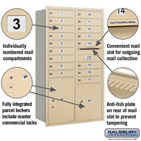Salsbury Industries 3715D-17SRP Recessed Mounted 4C Horizontal Mailbox - 15 Door High Unit (55 Inches) - Double Column - 17 MB1 Doors / 1 PL5 and 1 PL6 - Sandstone - Rear Loading - Private Access