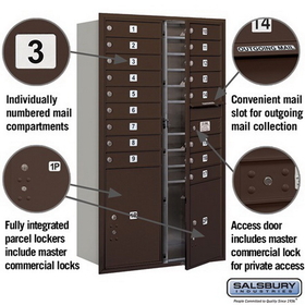 Salsbury Industries 3715D-17ZFP Recessed Mounted 4C Horizontal Mailbox - 15 Door High Unit (55 Inches) - Double Column - 17 MB1 Doors / 1 PL5 and 1 PL6 - Bronze - Front Loading - Private Access
