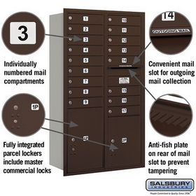 Salsbury Industries 3715D-17ZRP Recessed Mounted 4C Horizontal Mailbox - 15 Door High Unit (55 Inches) - Double Column - 17 MB1 Doors / 1 PL5 and 1 PL6 - Bronze - Rear Loading - Private Access