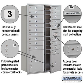 Salsbury Industries 3715D-19AFP Recessed Mounted 4C Horizontal Mailbox - 15 Door High Unit (55 Inches) - Double Column - 19 MB1 Doors / 1 PL4 and 1 PL5 - Aluminum - Front Loading - Private Access