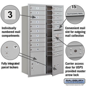 Salsbury Industries 3715D-19AFU Recessed Mounted 4C Horizontal Mailbox - 15 Door High Unit (55 Inches) - Double Column - 19 MB1 Doors / 1 PL4 and 1 PL5 - Aluminum - Front Loading - USPS Access