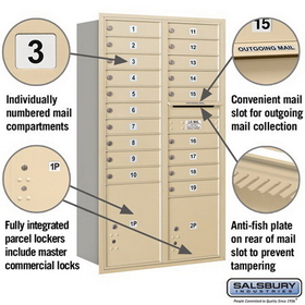 Salsbury Industries 3715D-19SRP Recessed Mounted 4C Horizontal Mailbox - 15 Door High Unit (55 Inches) - Double Column - 19 MB1 Doors / 1 PL4 and 1 PL5 - Sandstone - Rear Loading - Private Access