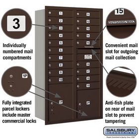 Salsbury Industries 3715D-19ZRP Recessed Mounted 4C Horizontal Mailbox - 15 Door High Unit (55 Inches) - Double Column - 19 MB1 Doors / 1 PL4 and 1 PL5 - Bronze - Rear Loading - Private Access