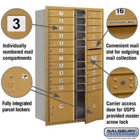 Salsbury Industries 3715D-20GFU Recessed Mounted 4C Horizontal Mailbox - 15 Door High Unit (55 Inches) - Double Column - 20 MB1 Doors / 2 PL4