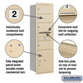 Salsbury Industries 3715S-04SRP Recessed Mounted 4C Horizontal Mailbox - 15 Door High Unit (55 Inches) - Single Column - 4 MB2 Doors / 1 PL5 - Sandstone - Rear Loading - Private Access