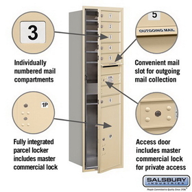 Salsbury Industries 3715S-06SFP Recessed Mounted 4C Horizontal Mailbox - 15 Door High Unit (55 Inches) - Single Column - 6 MB1 Doors / 1 PL6 - Sandstone - Front Loading - Private Access