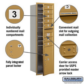 Salsbury Industries 3715S-07GFU Recessed Mounted 4C Horizontal Mailbox - 15 Door High Unit (55 Inches) - Single Column - 7 MB1 Doors / 1 PL6 - Gold - Front Loading - USPS Access