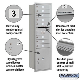 Salsbury Industries 3715S-08ARP Recessed Mounted 4C Horizontal Mailbox - 15 Door High Unit (55 Inches) - Single Column - 8 MB1 Doors / 1 PL5 - Aluminum - Rear Loading - Private Access