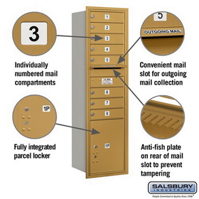 Salsbury Industries 3715S-08GRU Recessed Mounted 4C Horizontal Mailbox - 15 Door High Unit (55 Inches) - Single Column - 8 MB1 Doors / 1 PL5 - Gold - Rear Loading - USPS Access