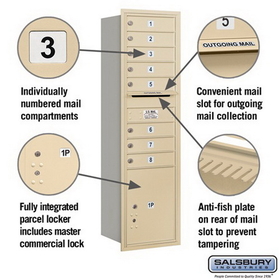 Salsbury Industries 3715S-08SRP Recessed Mounted 4C Horizontal Mailbox - 15 Door High Unit (55 Inches) - Single Column - 8 MB1 Doors / 1 PL5 - Sandstone - Rear Loading - Private Access