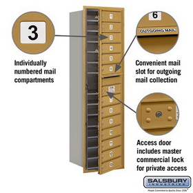 Salsbury Industries 3715S-13GFP Recessed Mounted 4C Horizontal Mailbox (Includes Master Commercial Lock)-15 Door High Unit (55 Inches)-Single Column-13 MB1 Doors-Gold-Front Loading-Private Access