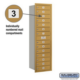 Salsbury Industries 3715S-14GRP Recessed Mounted 4C Horizontal Mailbox (Includes Master Commercial Lock)-15 Door High Unit (55 Inches)-Single Column-14 MB1 Doors-Gold-Rear Loading-Private Access