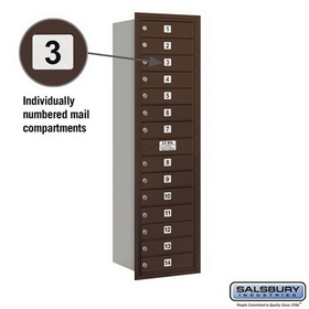 Salsbury Industries 3715S-14ZRP Recessed Mounted 4C Horizontal Mailbox (Includes Master Commercial Lock)-15 Door High Unit (55 Inches)-Single Column-14 MB1 Doors-Bronze-Rear Loading-Private Access