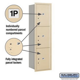 Salsbury Industries 3715S-3PSRU Recessed Mounted 4C Horizontal Mailbox - 15 Door High Unit (55 Inches) - Single Column - Stand-Alone Parcel Locker - 3 PL5s - Sandstone - Rear Loading - USPS Access