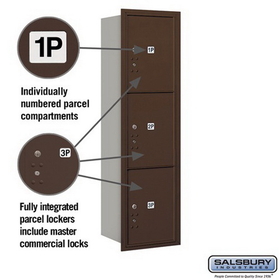 Salsbury Industries 3715S-3PZRP Recessed Mounted 4C Horizontal Mailbox - 15 Door High Unit (55 Inches) - Single Column - Stand-Alone Parcel Locker - 3 PL5s - Bronze - Rear Loading - Private Access