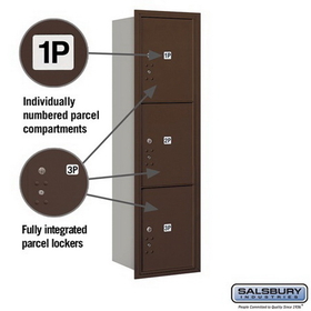 Salsbury Industries 3715S-3PZRU Recessed Mounted 4C Horizontal Mailbox - 15 Door High Unit (55 Inches) - Single Column - Stand-Alone Parcel Locker - 3 PL5s - Bronze - Rear Loading - USPS Access