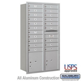 Salsbury Industries Maximum Height Recessed Mounted 4C Horizontal Mailbox with 20 Doors and 2 Parcel Lockers with USPS Access - Rear Loading