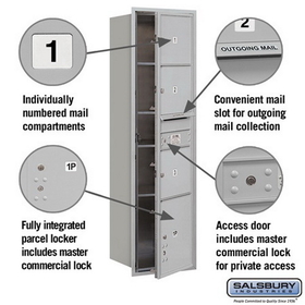 Salsbury Industries 3716S-03AFP Recessed Mounted 4C Horizontal Mailbox - Maximum Height Unit (56 3/4 Inches) - Single Column - 3 MB3 Doors / 1 PL4.5 - Aluminum - Front Loading - Private Access