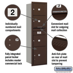 Salsbury Industries 3716S-03ZRP Recessed Mounted 4C Horizontal Mailbox - Maximum Height Unit (56 3/4 Inches) - Single Column - 3 MB3 Doors / 1 PL4.5 - Bronze - Rear Loading - Private Access