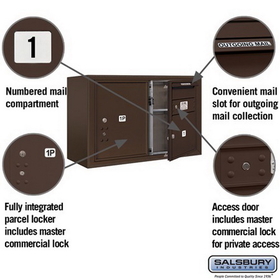 Salsbury Industries 3805D-01ZFP Surface Mounted 4C Horizontal Mailbox Unit - 5 Door High Unit (21-1/8 Inches) - Double Column - 1 MB3 Door / 1 PL5 - Bronze - Front Loading - Private Access