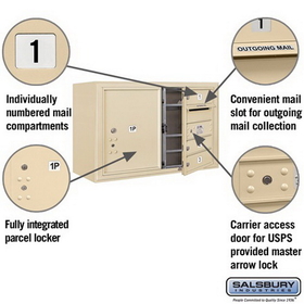 Salsbury Industries 3805D-03SFU Surface Mounted 4C Horizontal Mailbox Unit - 5 Door High Unit (21-1/8 Inches) - Double Column - 3 MB1 Doors / 1 PL5 - Sandstone - Front Loading - USPS Access