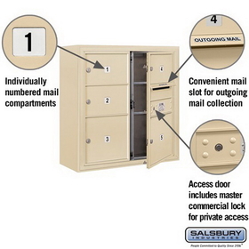 Salsbury Industries 3807D-05SFP Surface Mounted 4C Horizontal Mailbox Unit-7 Door High Unit (28-1/8 Inches)-Double Column-3 MB2 Doors and 2 MB3 Doors-Sandstone-Front Loading-Private Access