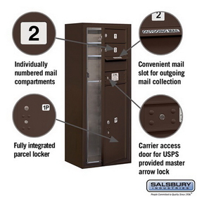 Salsbury Industries 3810S-02ZFU Surface Mounted 4C Horizontal Mailbox Unit - 10 Door High Unit (38-5/8 Inches) - Single Column - 2 MB1 Doors / 1 PL6 - Bronze - Front Loading - USPS Access
