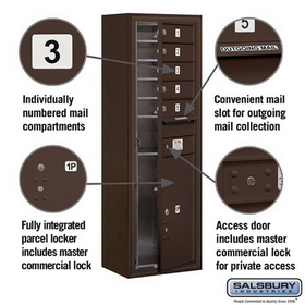 Salsbury Industries 3813S-05ZFP Surface Mounted 4C Horizontal Mailbox Unit - 13 Door High Unit (49-1/8 Inches) - Single Column - 5 MB1 Doors / 1 PL6 - Bronze - Front Loading - Private Access